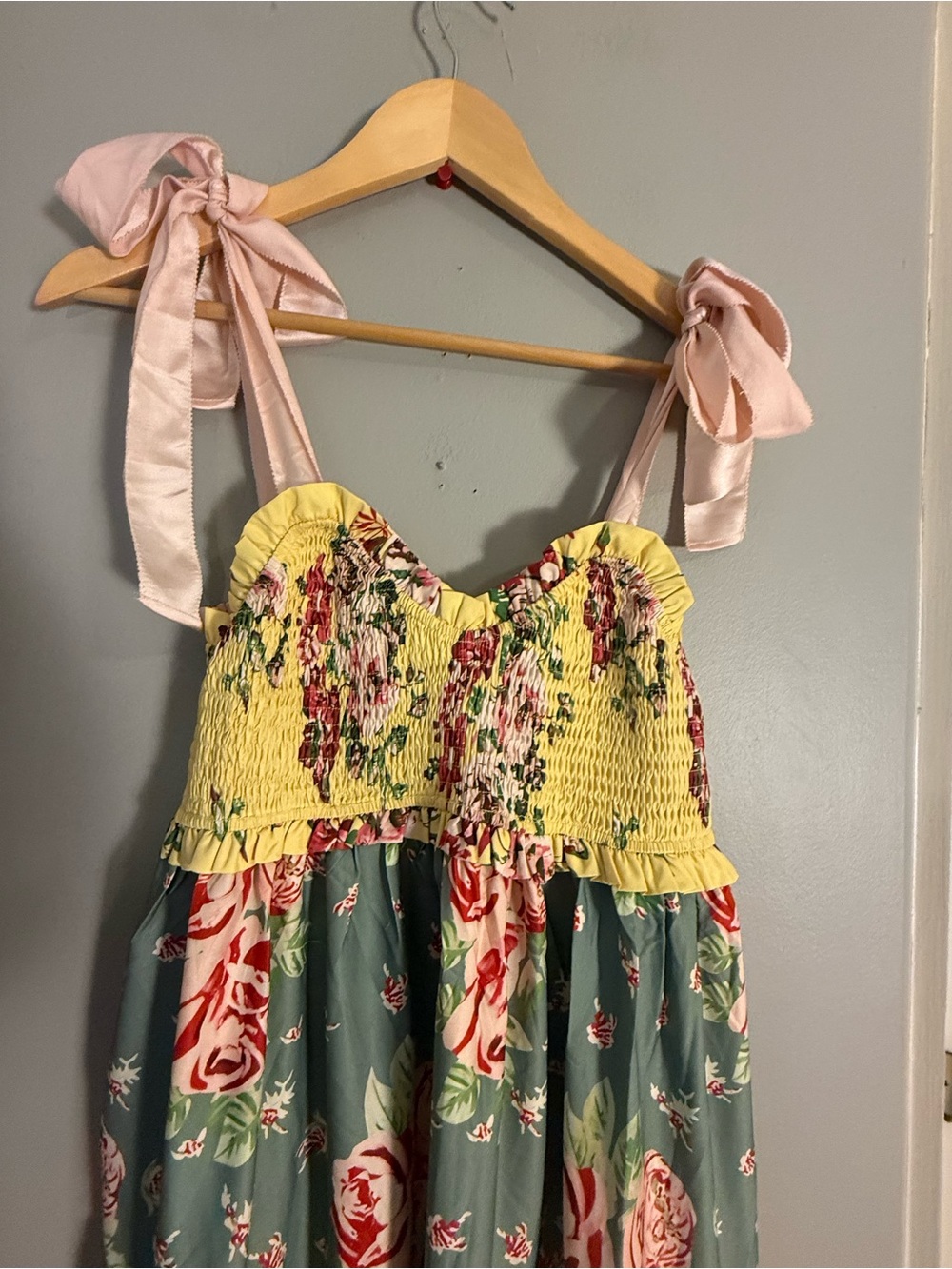 Floral Patchwork Smocked Tie Strap Cottagecore Prairie Maxi Dress Small - Picture 3 of 7